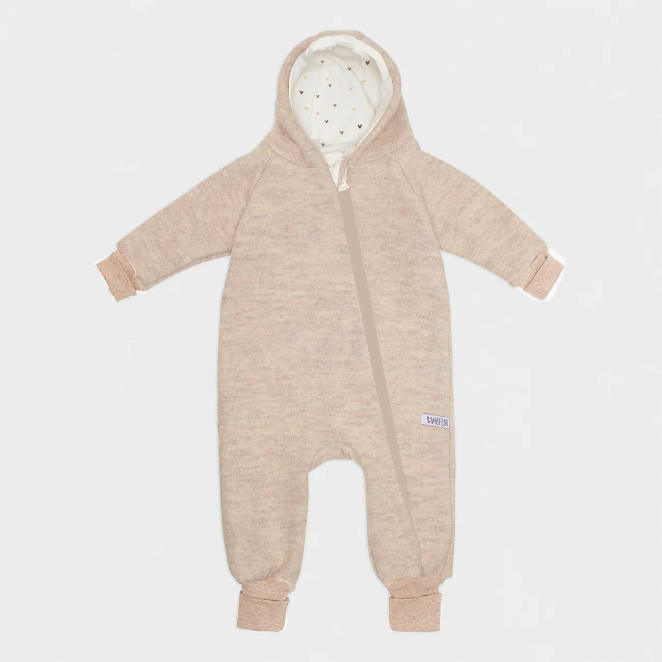 Produktfoto beiger Walkoverall- Herzen- Bambeeni Walkoverall fuer Babys & Kinder aus 100% Schurwolle und Baumwollinnenfutter