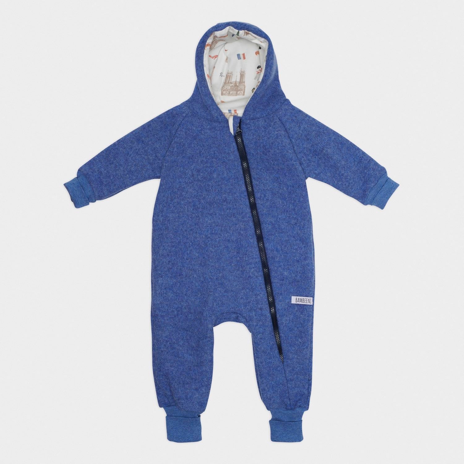 Produktfoto blauer Walkoverall- Paris- Bambeeni Walkoverall fuer Babys & Kinder aus 100% Schurwolle und Baumwollinnenfutter