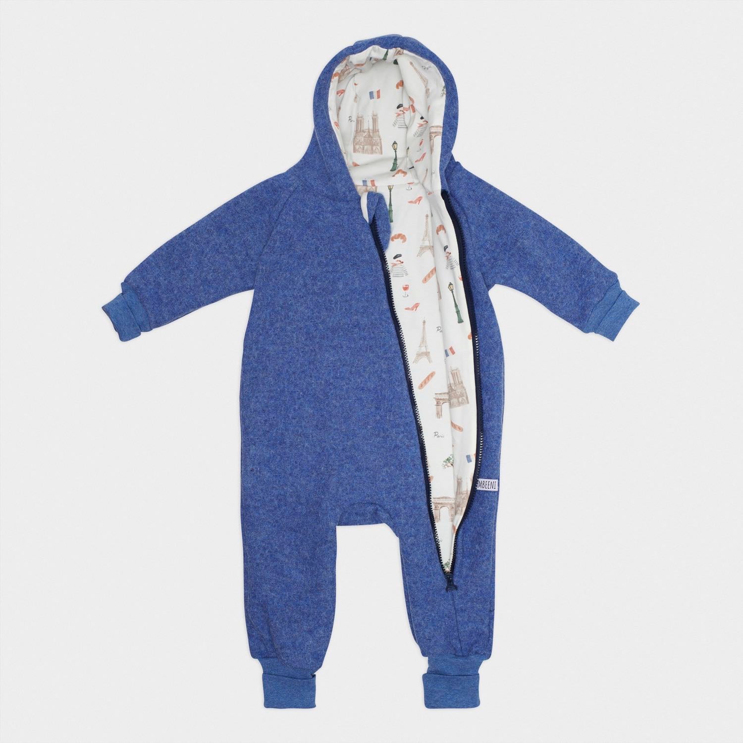 Produktfoto blauer Walkoverall- Paris- Bambeeni Walkoverall fuer Babys & Kinder aus 100% Schurwolle und Baumwollinnenfutter