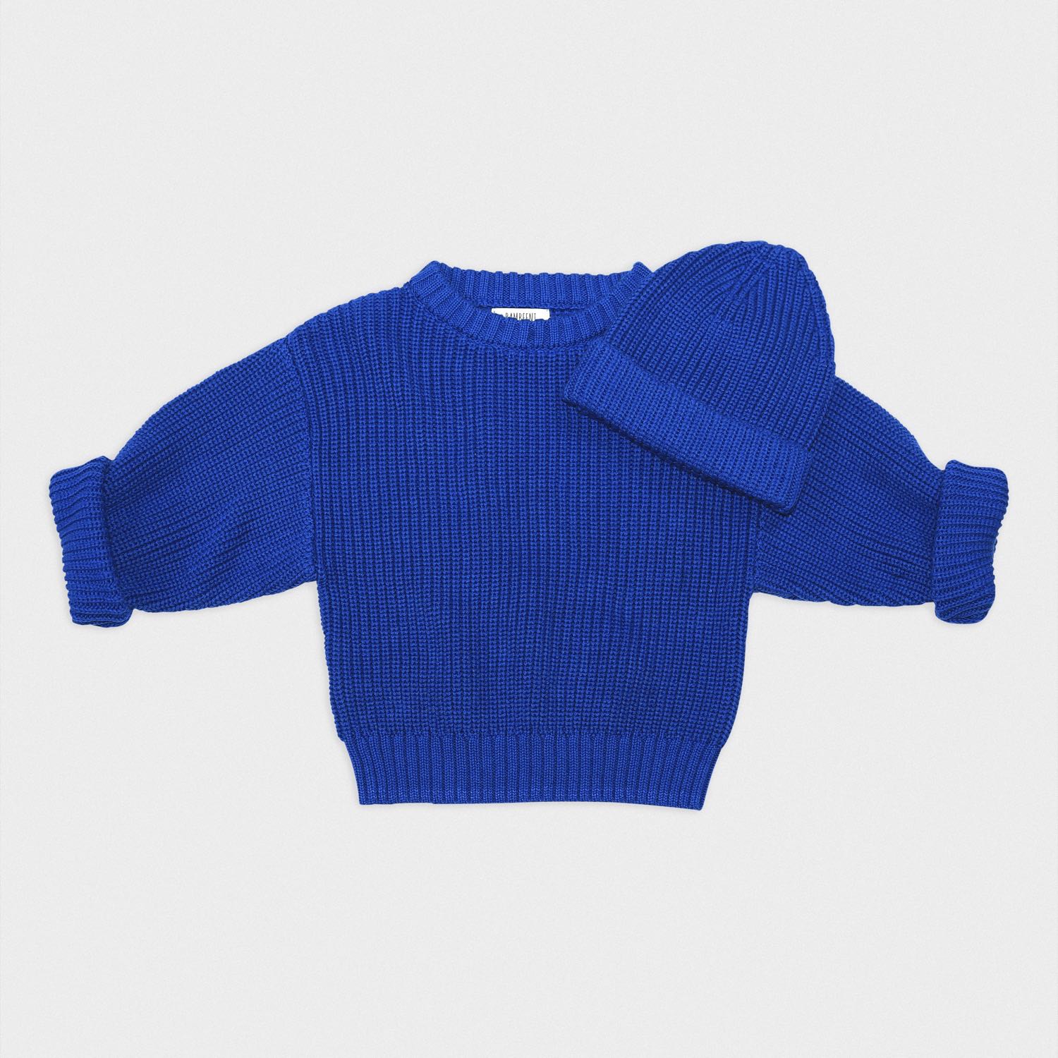 Strickset Pulli und Mütze blau