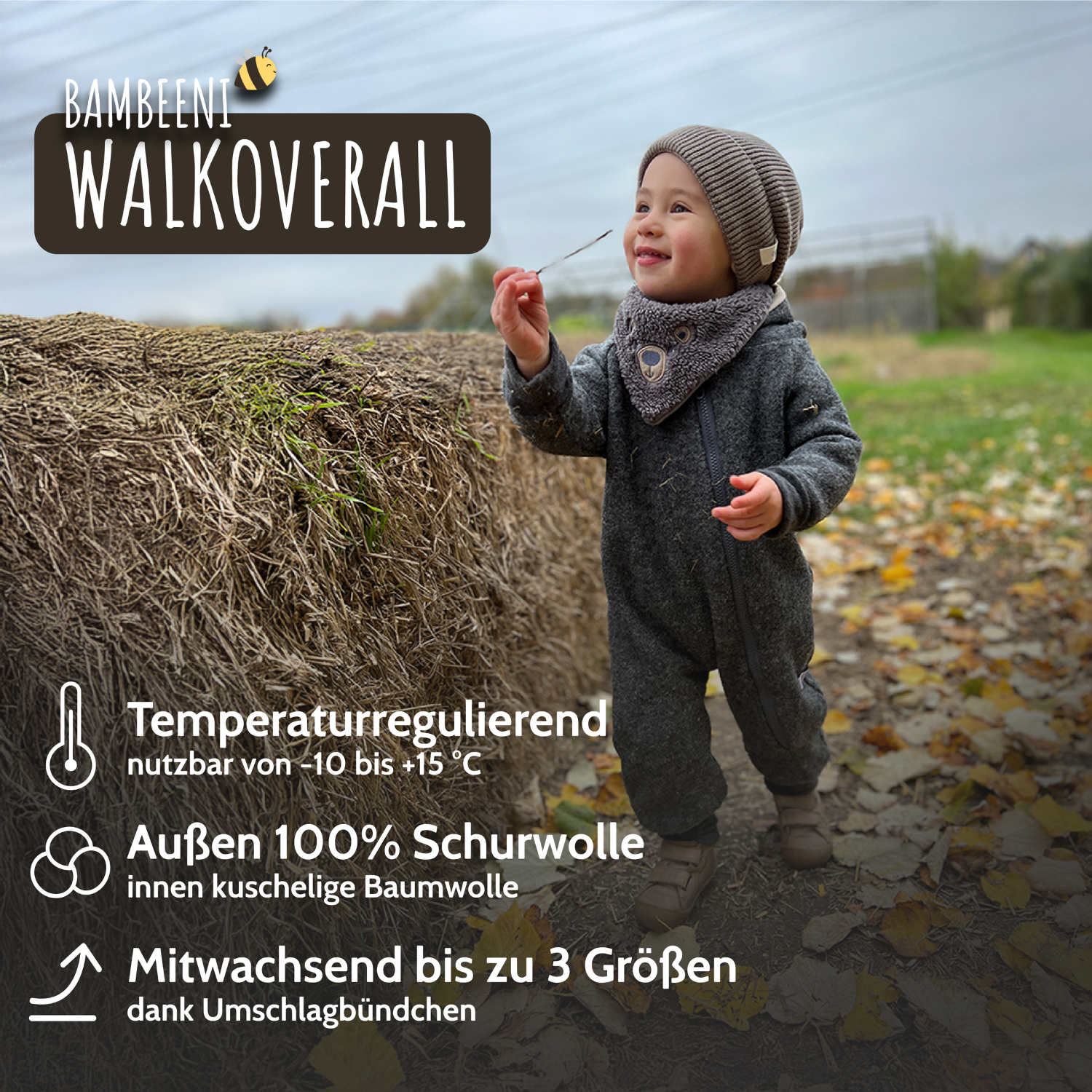 Walkoverall SONNE MOND UND REGENBOGEN für Babys und Kinder aus 100% Schurwolle- mit Baumwollinnenfutter
