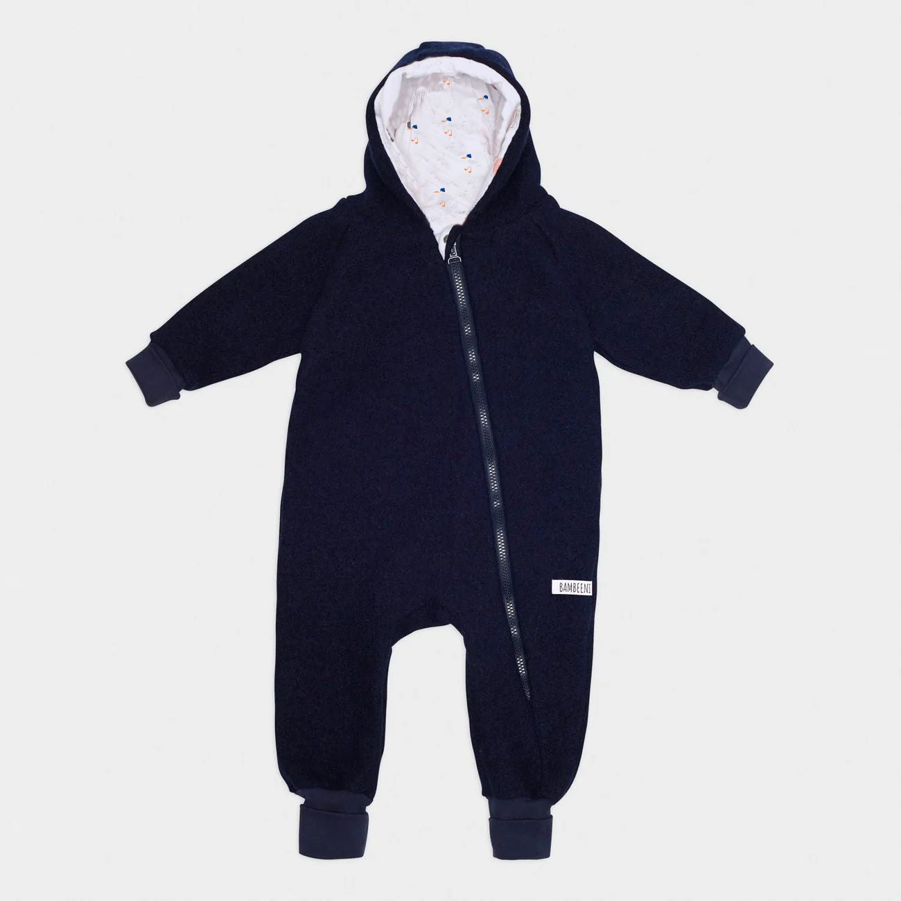 Produktfoto dunkelblauer Walkoverall- Möwen- Bambeeni Walkoverall für Babys & Kinder aus 100% Schurwolle und Baumwollinnenfutter