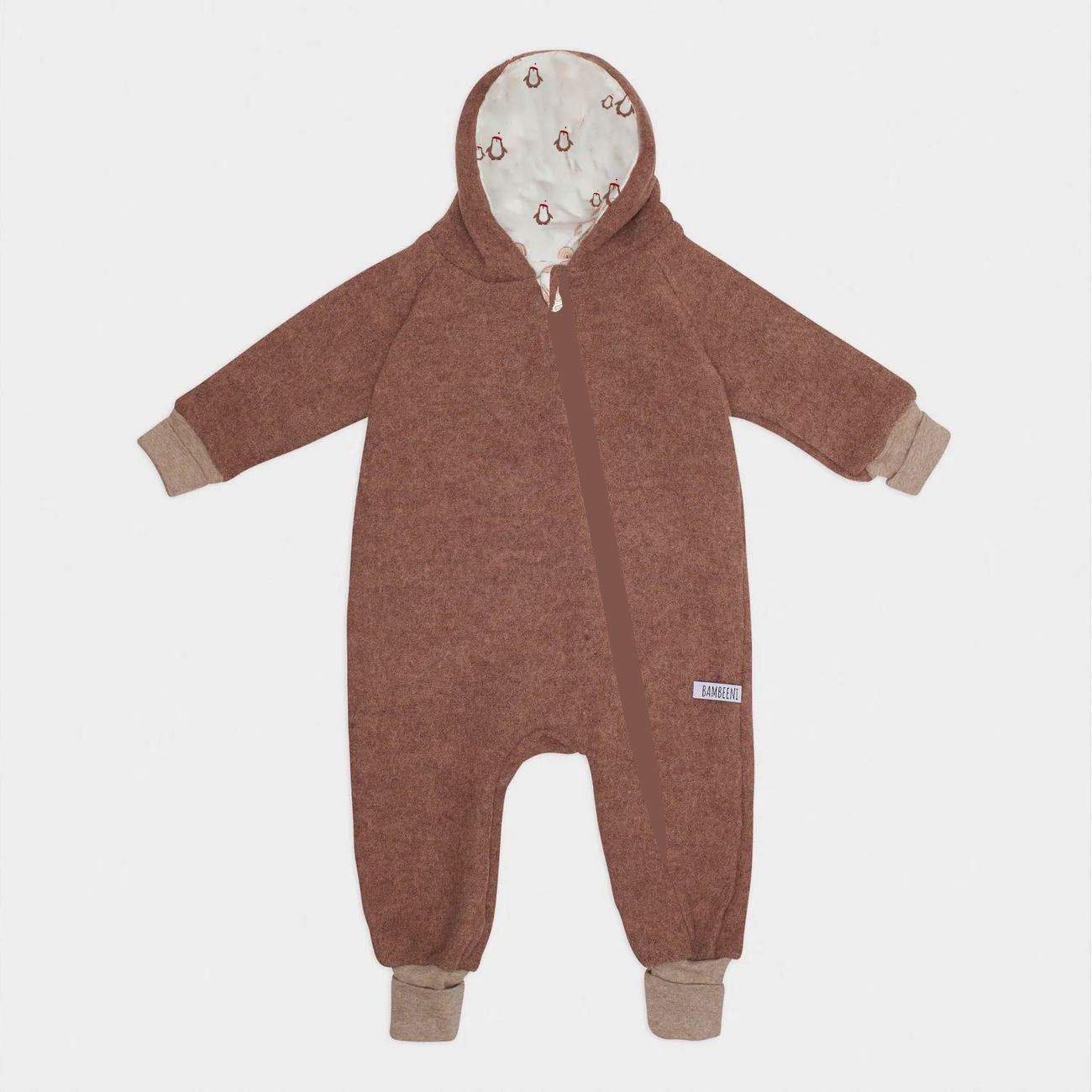 Produktfoto brauner Walkoverall- Pinguine- Bambeeni Walkoverall fuer Babys & Kinder aus 100% Schurwolle und Baumwollinnenfutter