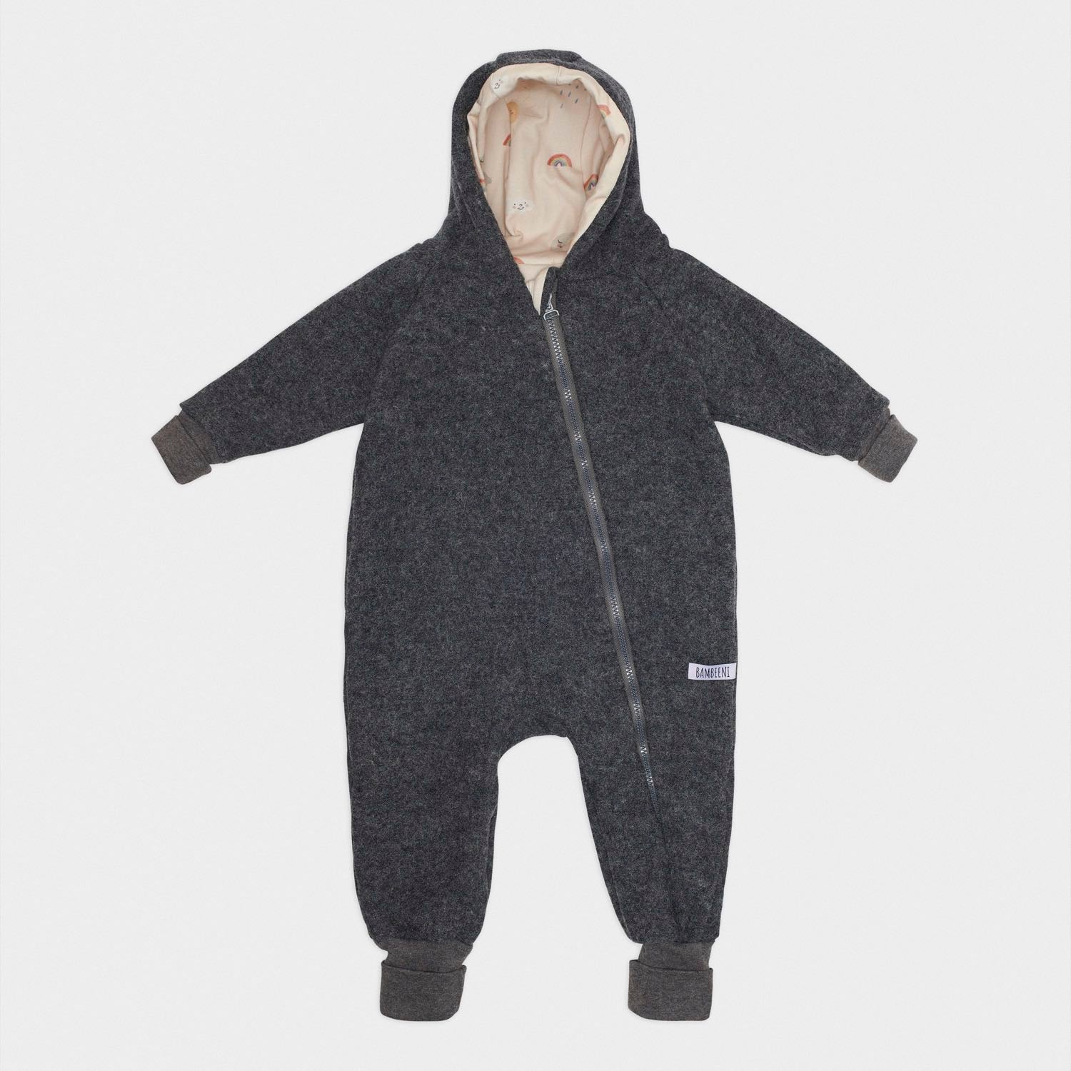 Produktfoto grauer Walkoverall- Sonne Mond und Regenbogen- Bambeeni Walkoverall fuer Babys & Kinder aus 100% Schurwolle und Baumwollinnenfutter