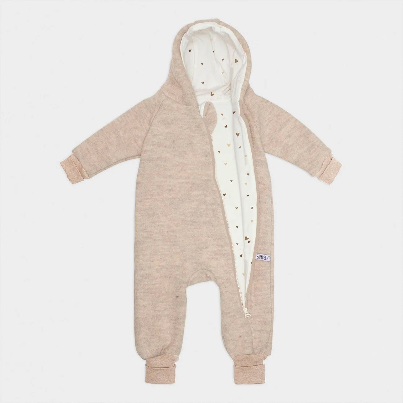 Produktfoto beiger Walkoverall- Herzen- Bambeeni Walkoverall fuer Babys & Kinder aus 100% Schurwolle und Baumwollinnenfutter