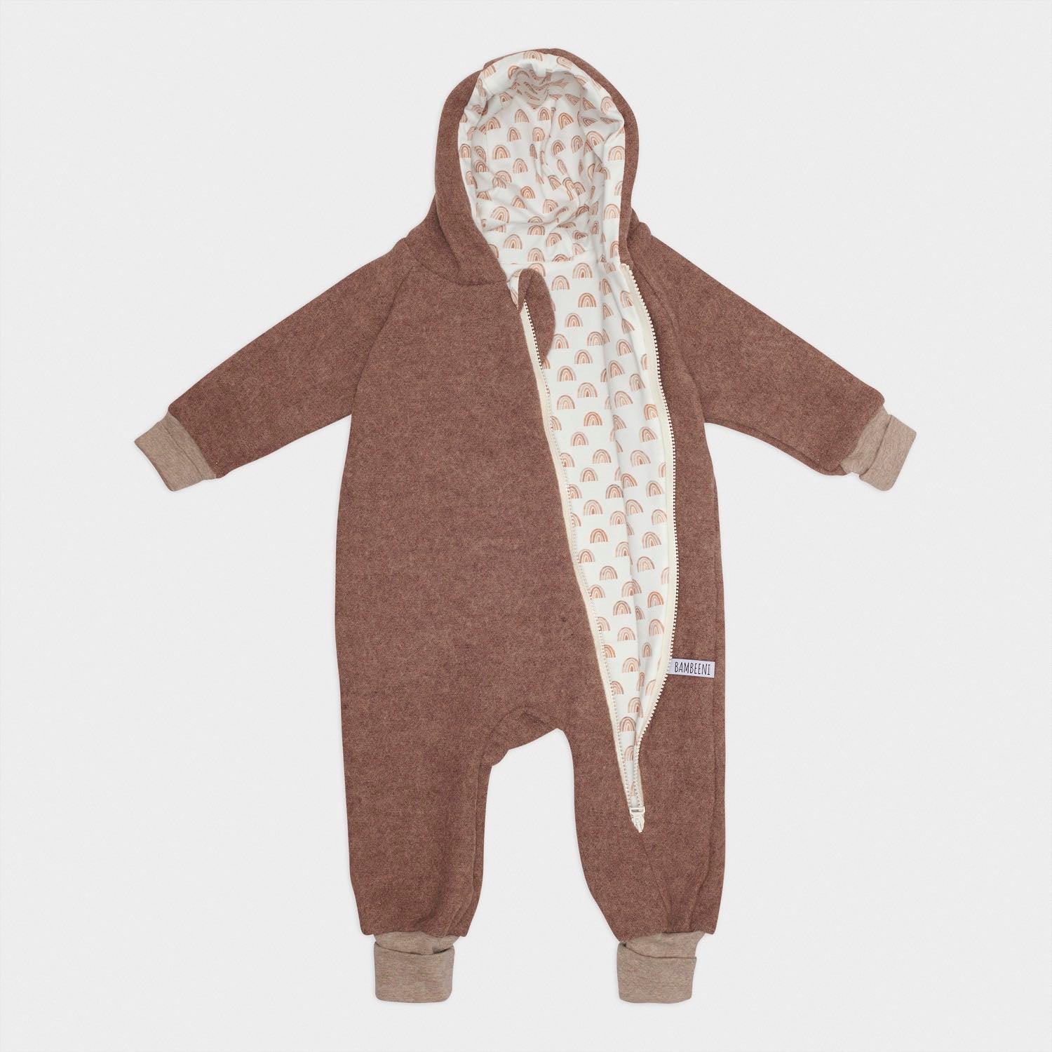 Produktfoto brauner Walkoverall- Regenbogen- Bambeeni Walkoverall fuer Babys & Kinder aus 100% Schurwolle und Baumwollinnenfutter
