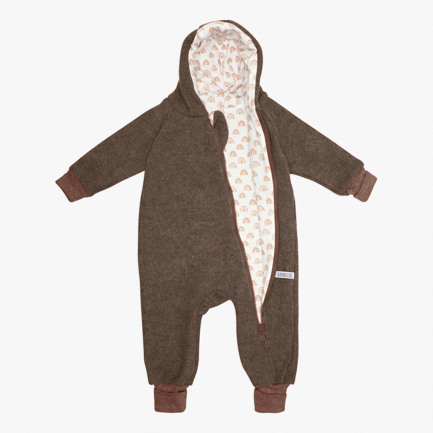 Produktfoto brauner Walkoverall- Regenbogen- Bambeeni Walkoverall fuer Babys & Kinder aus 100% Schurwolle und Baumwollinnenfutter