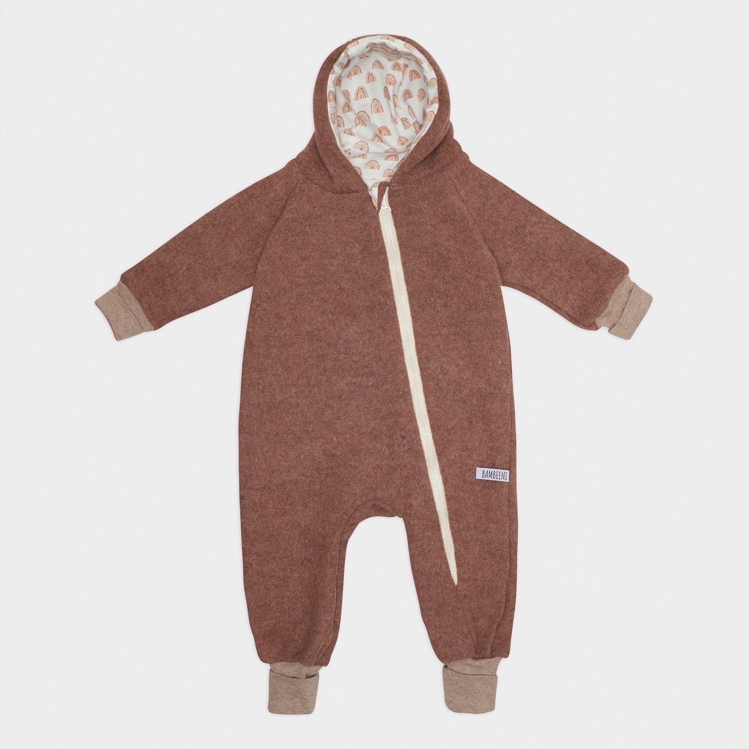 Produktfoto brauner Walkoverall- Regenbogen- Bambeeni Walkoverall fuer Babys & Kinder aus 100% Schurwolle und Baumwollinnenfutter