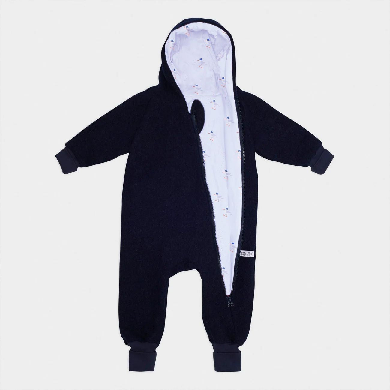 Produktfoto dunkelblauer Walkoverall- Möwen- Bambeeni Walkoverall für Babys & Kinder aus 100% Schurwolle und Baumwollinnenfutter