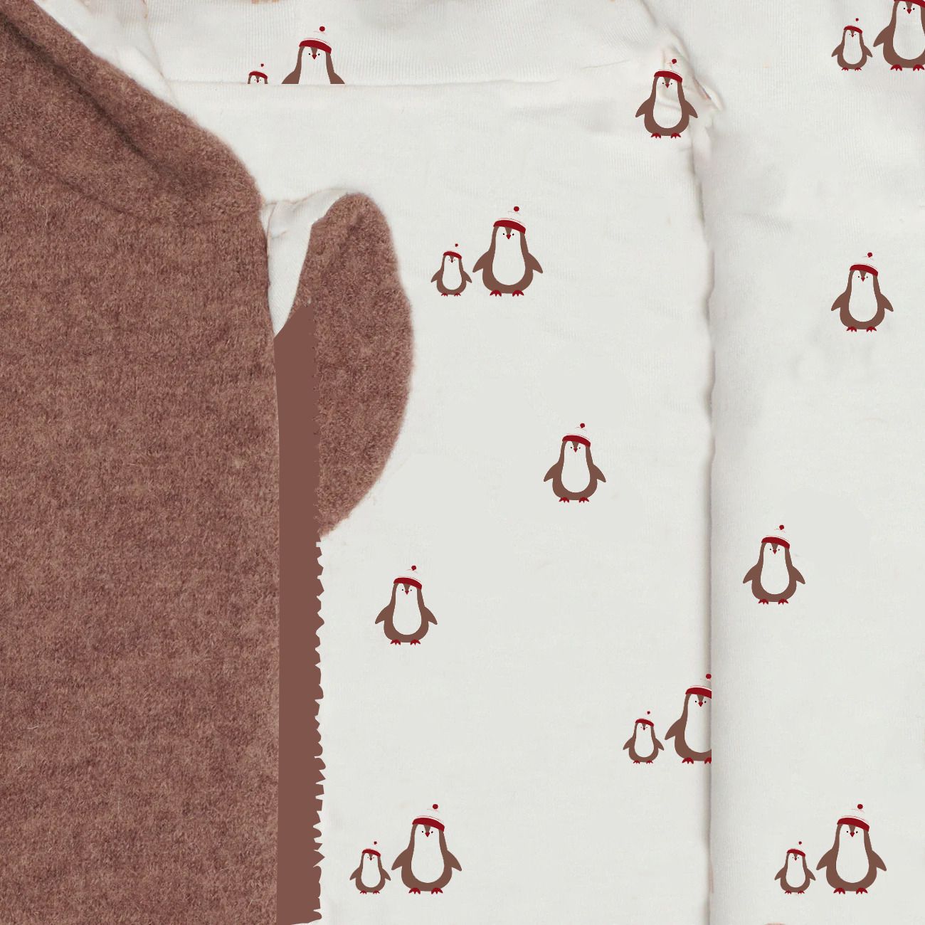 Produktfoto brauner Walkoverall- Pinguine- Bambeeni Walkoverall fuer Babys & Kinder aus 100% Schurwolle und Baumwollinnenfutter